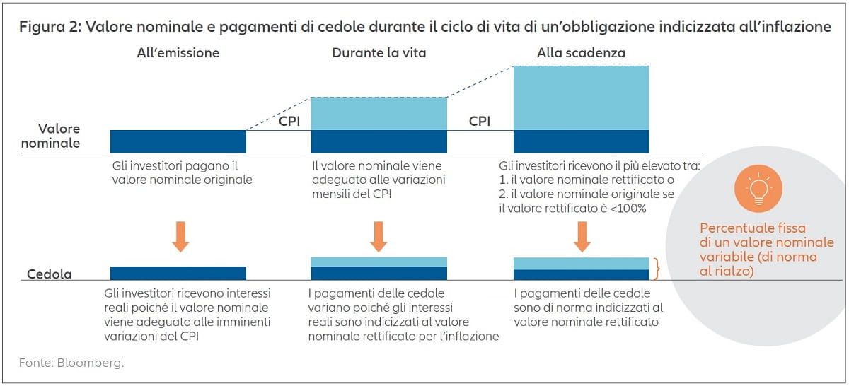 Figura 2: Valore nominale e pagamenti di cedole durante il ciclo di vita di un’obbligazione indicizzata all’inflazione